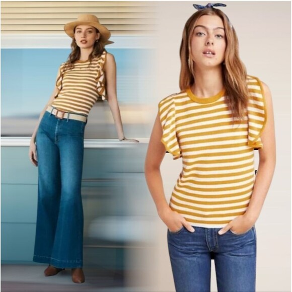 Anthropologie orange white striped sleeveless sweater flutter sleeve boho size m - Picture 2 of 8